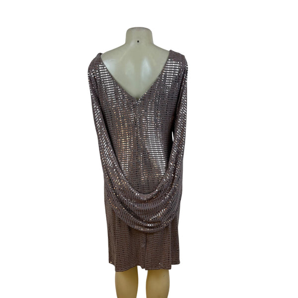 R&M Richard’s Brown Sequin Cocktail Dress Long Sleeve Drape Detail Shift Sz 14
