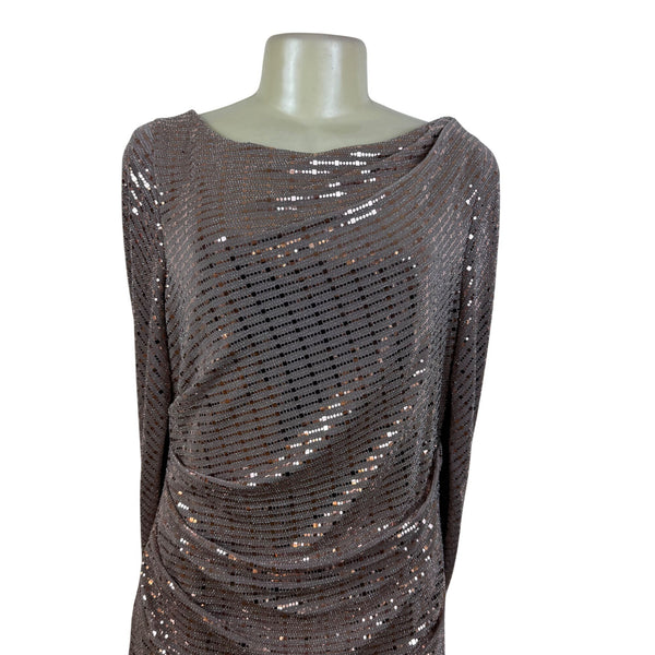 R&M Richard’s Brown Sequin Cocktail Dress Long Sleeve Drape Detail Shift Sz 14