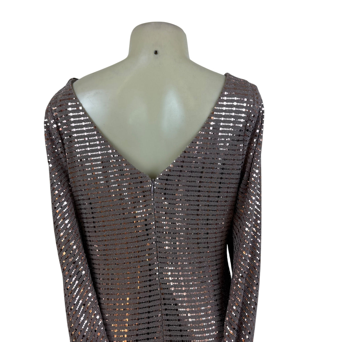 R&M Richard’s Brown Sequin Cocktail Dress Long Sleeve Drape Detail Shift Sz 14