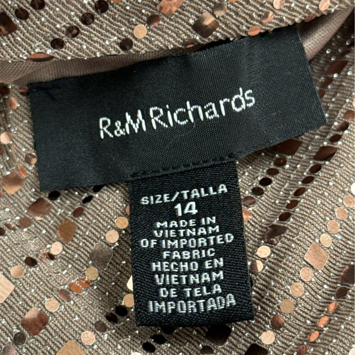 R&M Richard’s Brown Sequin Cocktail Dress Long Sleeve Drape Detail Shift Sz 14