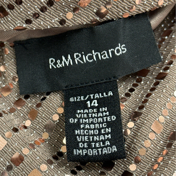 R&M Richard’s Brown Sequin Cocktail Dress Long Sleeve Drape Detail Shift Sz 14