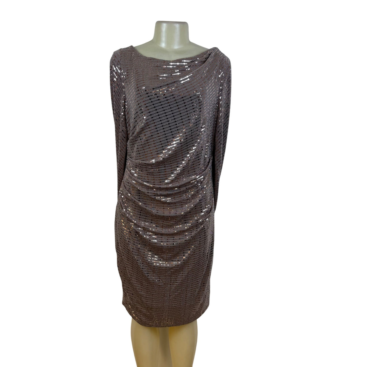 R&M Richard’s Brown Sequin Cocktail Dress Long Sleeve Drape Detail Shift Sz 14