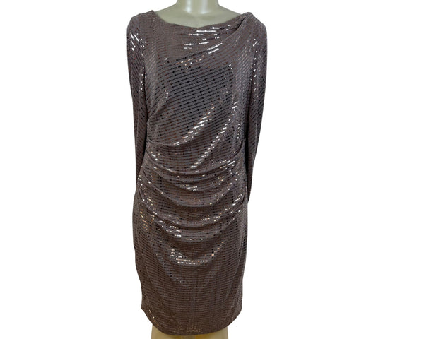 R&M Richard’s Brown Sequin Cocktail Dress Long Sleeve Drape Detail Shift Sz 14