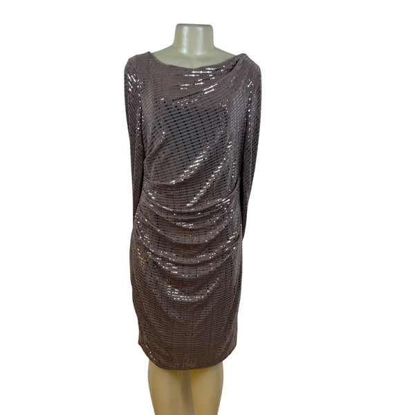 R&M Richard’s Brown Sequin Cocktail Dress Long Sleeve Drape Detail Shift Sz 14
