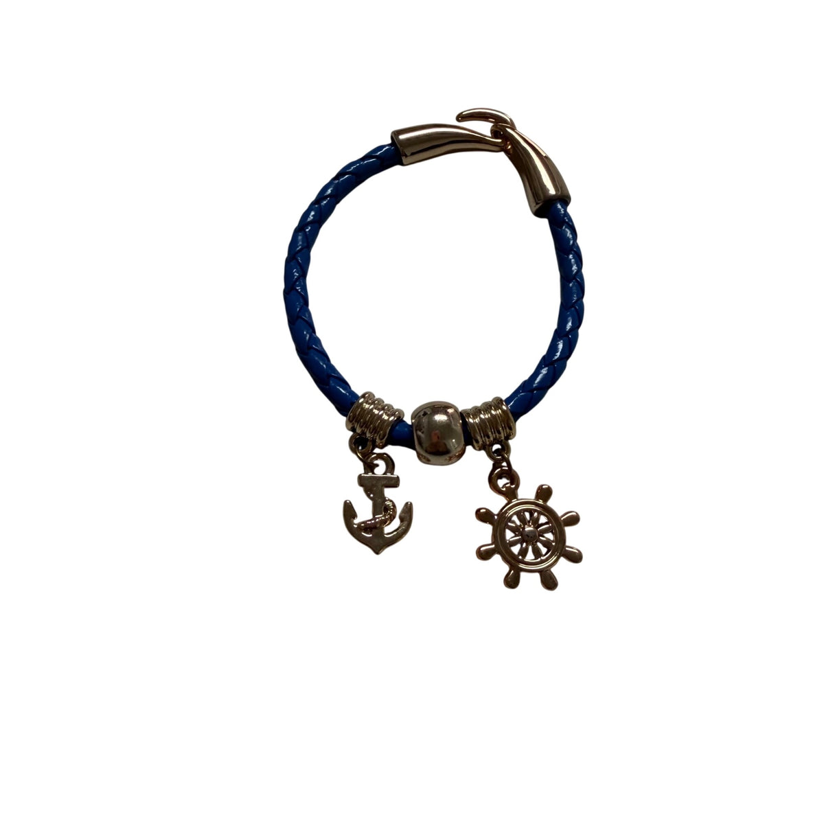 Nautical Charm Bracelet Blue Braided Leather With Anchor & Ship Wheel Charms Adjustable Size