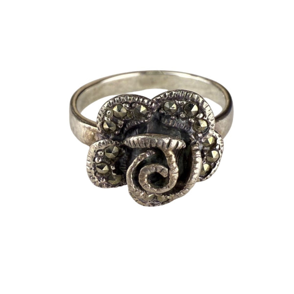 Vintage Sterling Silver Rose Ring With Marcasite Detailing Floral Design Sz 5.5