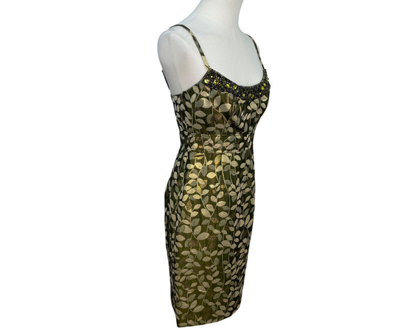 Maggy London Women’s Green & Gold Brocade Cocktail Dress Sleeveless Sz 2P - New
