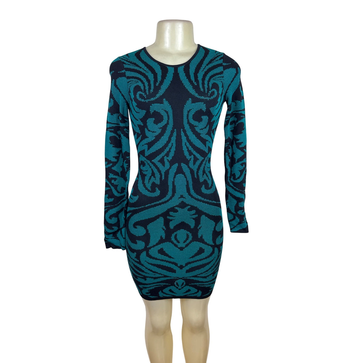 Torn By Ronny Kobo Women Blue & Black Knitted Bodycon Mini Dress Floral Print XS