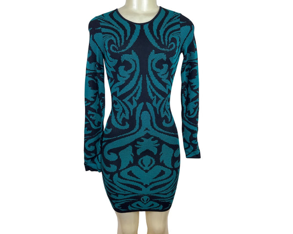 Torn By Ronny Kobo Women Blue & Black Knitted Bodycon Mini Dress Floral Print XS