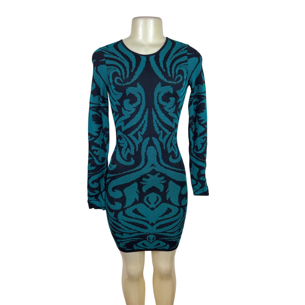Torn By Ronny Kobo Women Blue & Black Knitted Bodycon Mini Dress Floral Print XS