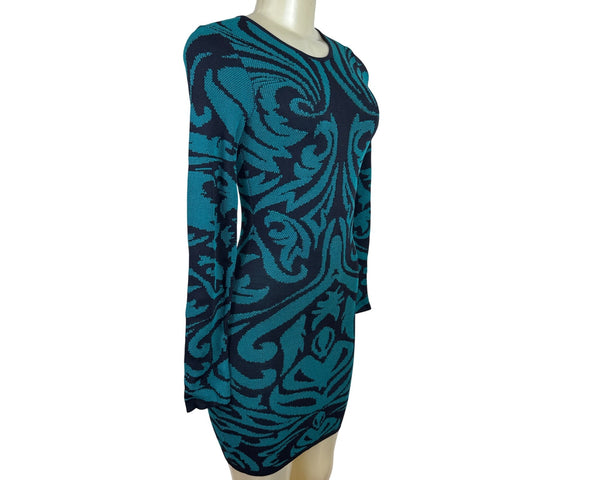 Torn By Ronny Kobo Women Blue & Black Knitted Bodycon Mini Dress Floral Print XS