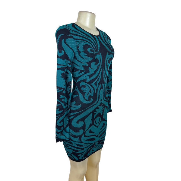 Torn By Ronny Kobo Women Blue & Black Knitted Bodycon Mini Dress Floral Print XS