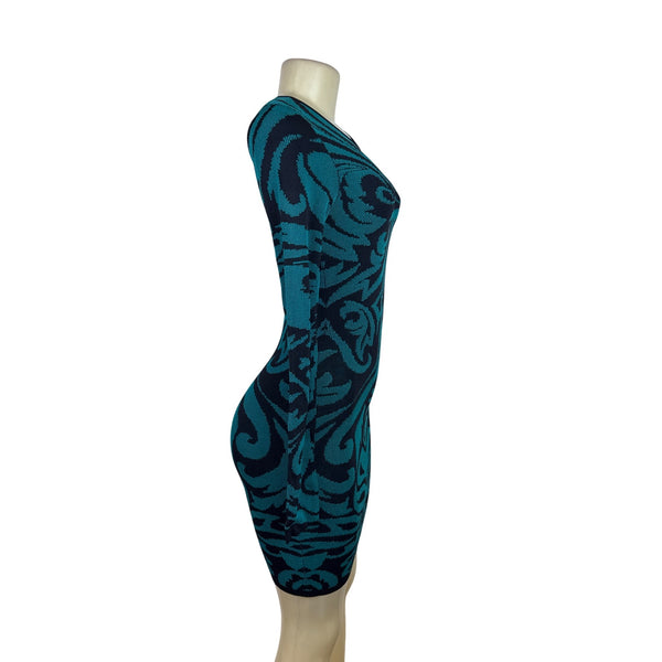Torn By Ronny Kobo Women Blue & Black Knitted Bodycon Mini Dress Floral Print XS