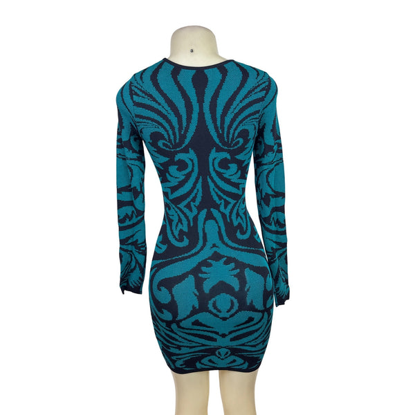 Torn By Ronny Kobo Women Blue & Black Knitted Bodycon Mini Dress Floral Print XS