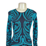 Torn By Ronny Kobo Women Blue & Black Knitted Bodycon Mini Dress Floral Print XS