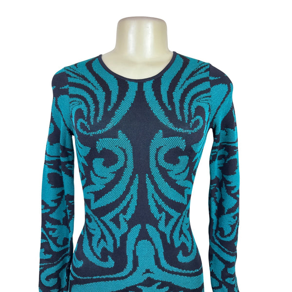 Torn By Ronny Kobo Women Blue & Black Knitted Bodycon Mini Dress Floral Print XS