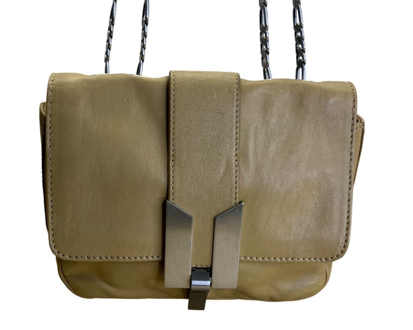 Hype Women’s Tan Leather With Chain Strap & Silver Flap Closure Shoulder Bag