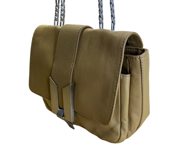 Hype Women’s Tan Leather With Chain Strap & Silver Flap Closure Shoulder Bag