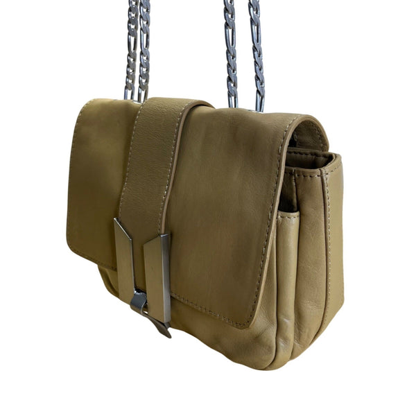 Hype Women’s Tan Leather With Chain Strap & Silver Flap Closure Shoulder Bag