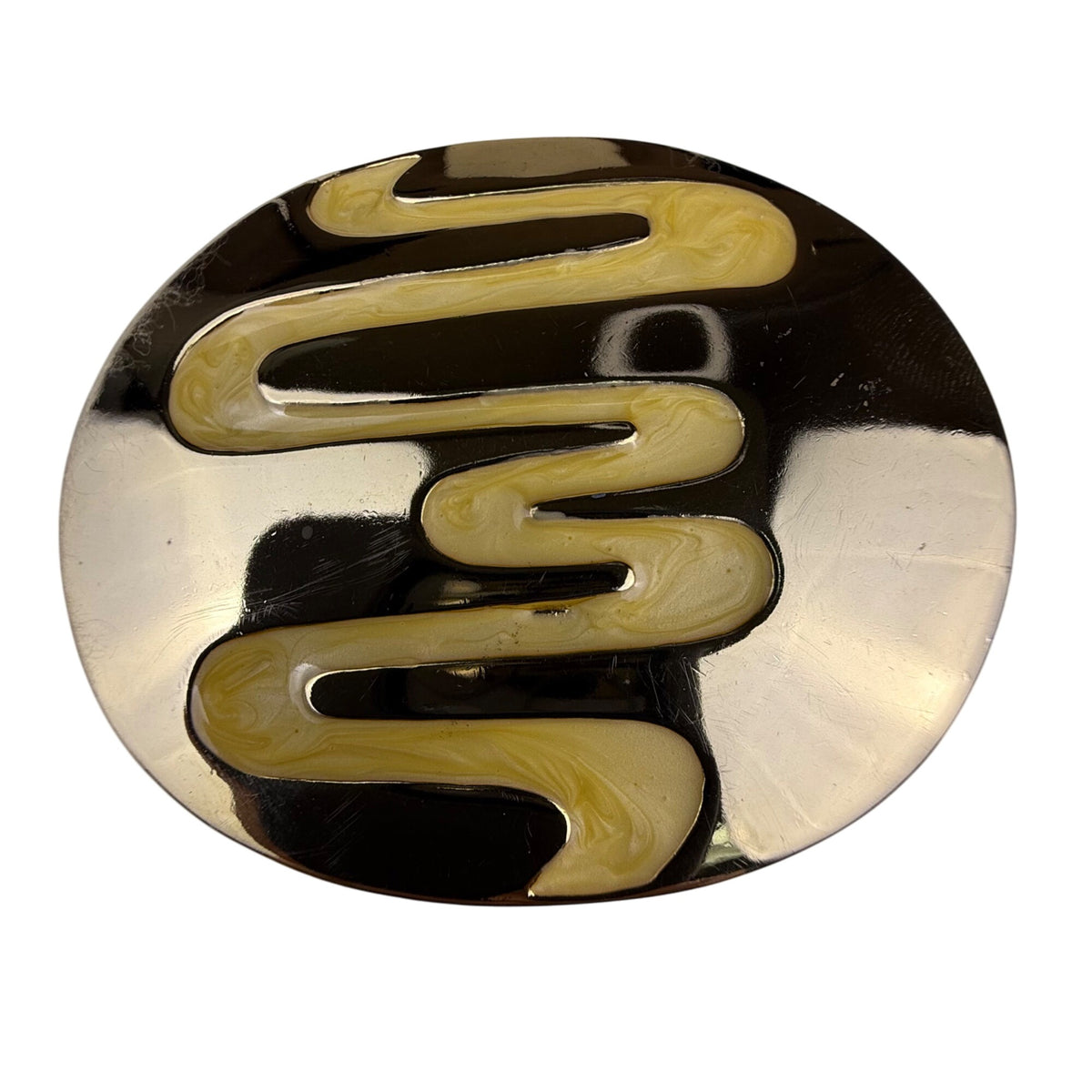 Vintage Oval Enamel Belt Buckle Gold & Cream Abstract Design