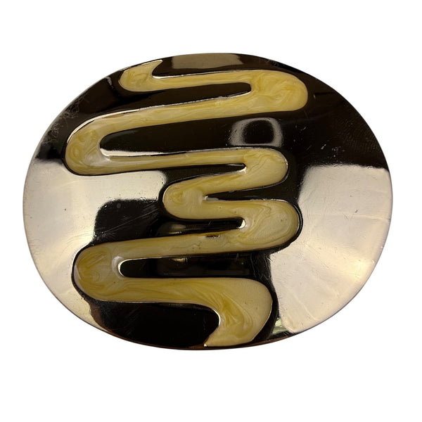 Vintage Oval Enamel Belt Buckle Gold & Cream Abstract Design