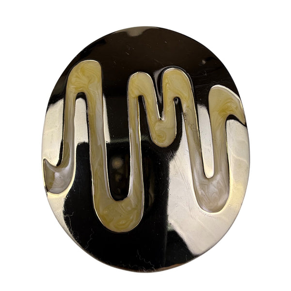 Vintage Oval Enamel Belt Buckle Gold & Cream Abstract Design