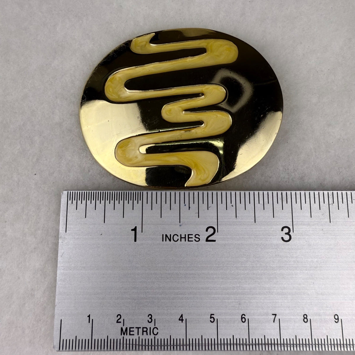 Vintage Oval Enamel Belt Buckle Gold & Cream Abstract Design