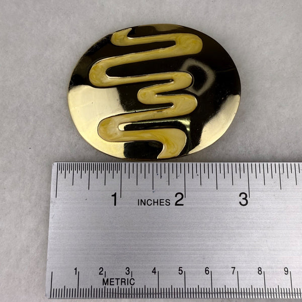 Vintage Oval Enamel Belt Buckle Gold & Cream Abstract Design
