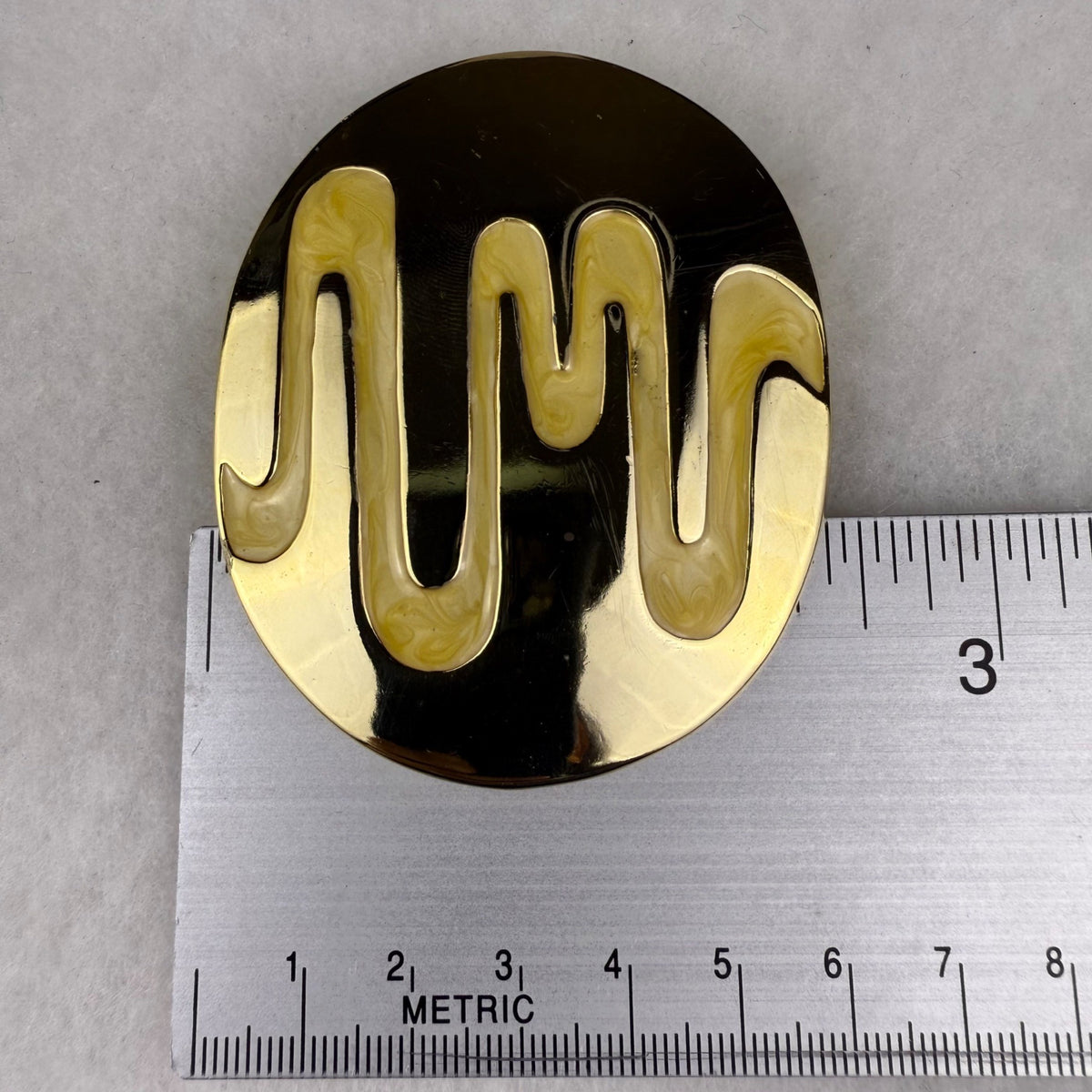 Vintage Oval Enamel Belt Buckle Gold & Cream Abstract Design