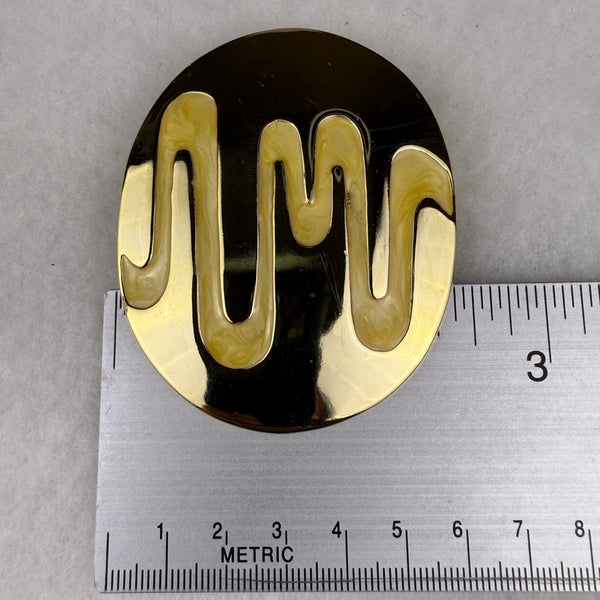 Vintage Oval Enamel Belt Buckle Gold & Cream Abstract Design