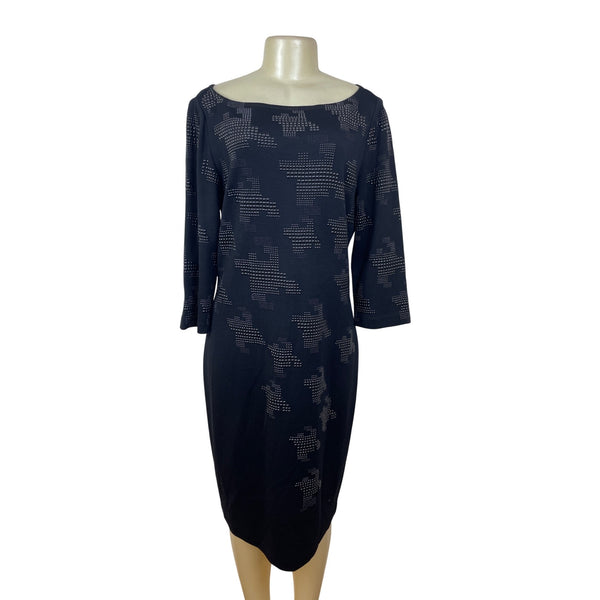 St. John Womens Knit Dress Black W/ Silver Embellished Pattern 3/4 Sleeve Size 14