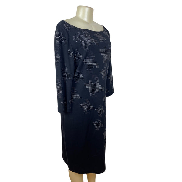 St. John Womens Knit Dress Black W/ Silver Embellished Pattern 3/4 Sleeve Size 14