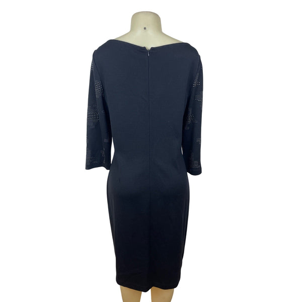 St. John Womens Knit Dress Black W/ Silver Embellished Pattern 3/4 Sleeve Size 14