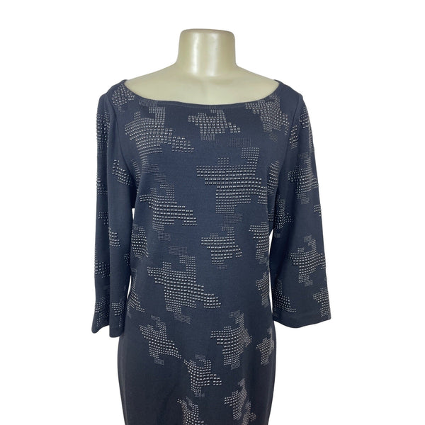 St. John Womens Knit Dress Black W/ Silver Embellished Pattern 3/4 Sleeve Size 14