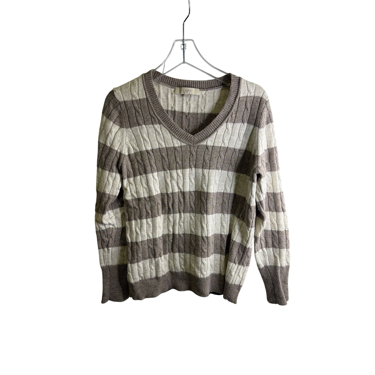 Loft Womens Beige/Brown Sweater Cable Knit Striped V-Neck Long Sleeve Size XL