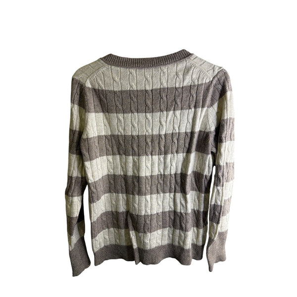 Loft Womens Beige/Brown Sweater Cable Knit Striped V-Neck Long Sleeve Size XL
