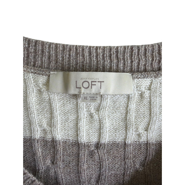 Loft Womens Beige/Brown Sweater Cable Knit Striped V-Neck Long Sleeve Size XL