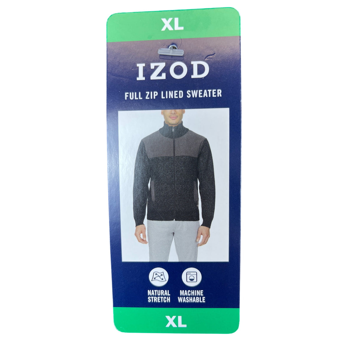 Izod Mens Dark Gray Full Zip Lined Sweater Size XL Ribbed Collar Natural Stretch