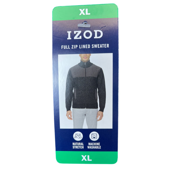Izod Mens Dark Gray Full Zip Lined Sweater Size XL Ribbed Collar Natural Stretch
