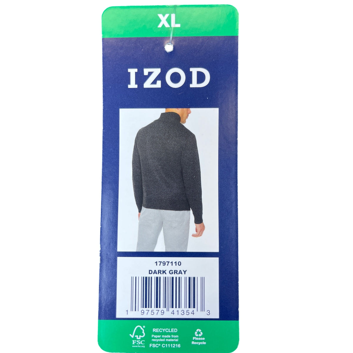 Izod Mens Dark Gray Full Zip Lined Sweater Size XL Ribbed Collar Natural Stretch