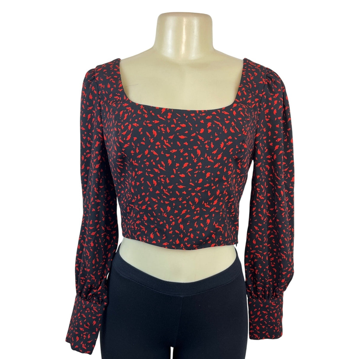 Dynamite Black & Red Long Sleeve Cropped Blouse With Square Neckline Size XS