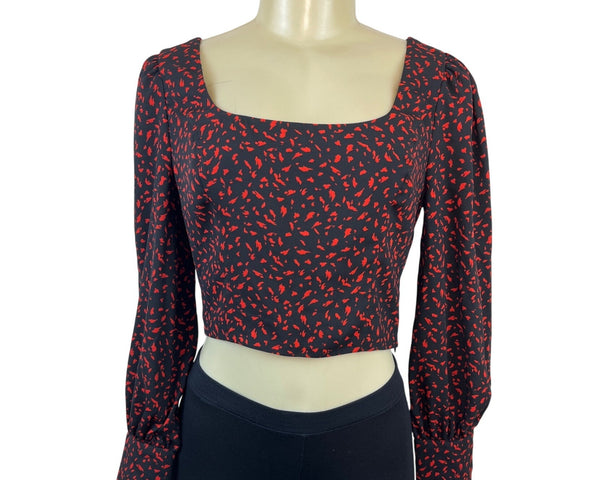 Dynamite Black & Red Long Sleeve Cropped Blouse With Square Neckline Size XS