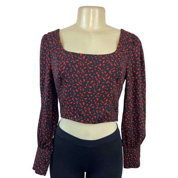 Dynamite Black & Red Long Sleeve Cropped Blouse With Square Neckline Size XS