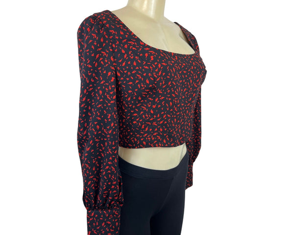 Dynamite Black & Red Long Sleeve Cropped Blouse With Square Neckline Size XS