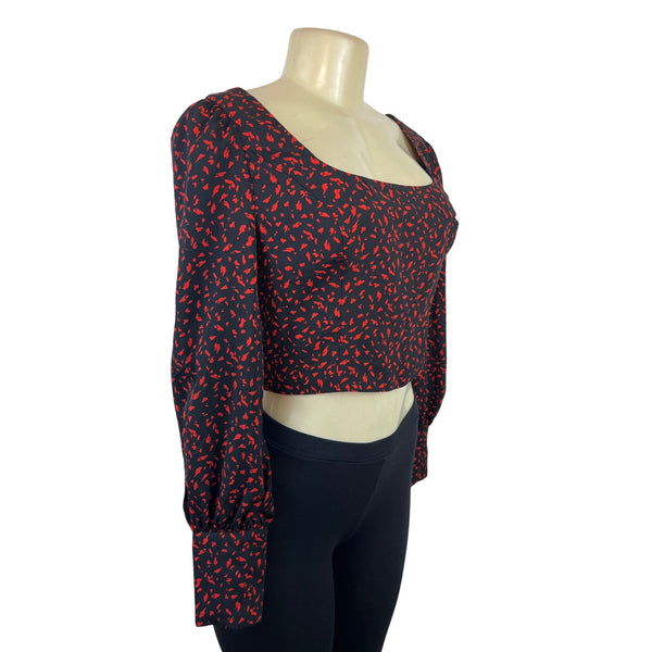 Dynamite Black & Red Long Sleeve Cropped Blouse With Square Neckline Size XS