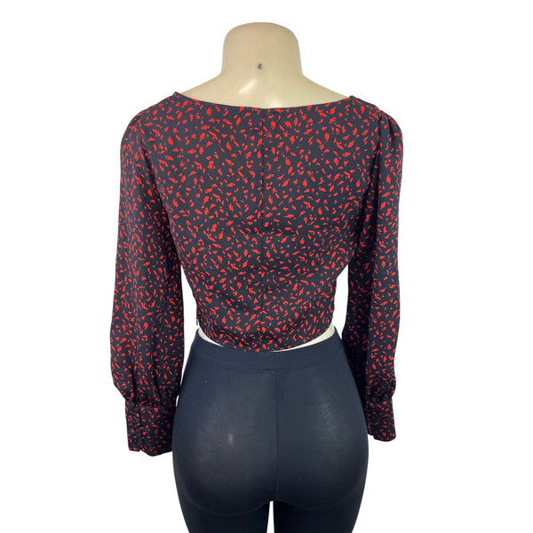 Dynamite Black & Red Long Sleeve Cropped Blouse With Square Neckline Size XS