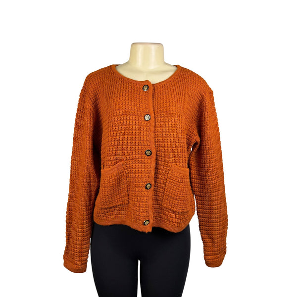 Pretty Garden Chic Womens Orange Knitted Button-Up Cardigan Sweater With Two Pockets Size M