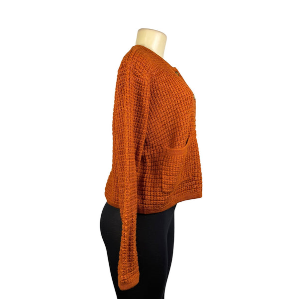 Pretty Garden Chic Womens Orange Knitted Button-Up Cardigan Sweater With Two Pockets Size M
