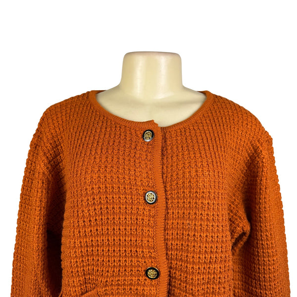 Pretty Garden Chic Womens Orange Knitted Button-Up Cardigan Sweater With Two Pockets Size M