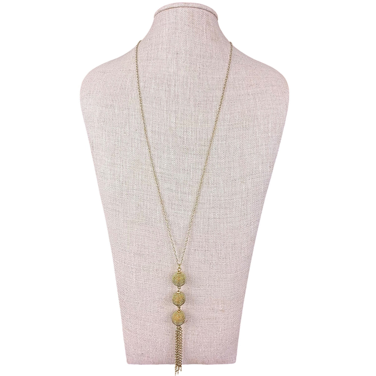 Gold Tone Necklace & Earrings Set Long Chain Tassel Detailing Textured Spheres